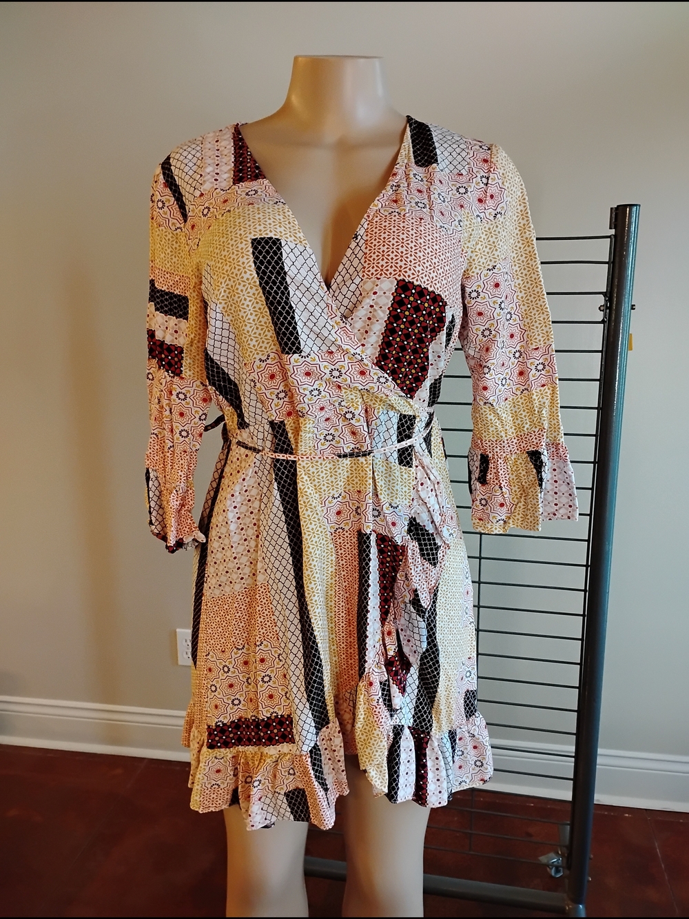 Xhilaration Cream, Black & Burgundy Patchwork Wrap Mini Dress‎